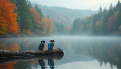 Two kingfishers perch on log over misty lake. Autumn forest reflected on water surface. Serene nature scene at sunrise with tranquil atmosphere. Calm wildlife background.