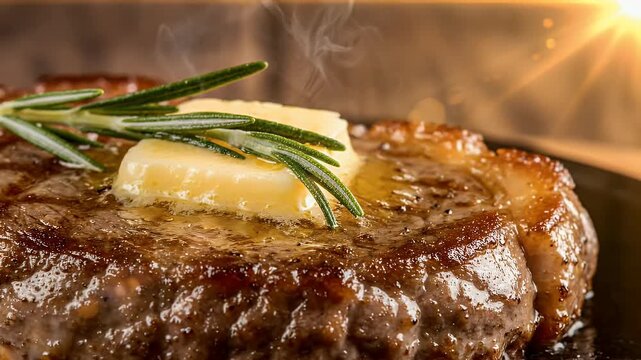 Juicy Grilled Steak with Butter and Rosemary, Close-up