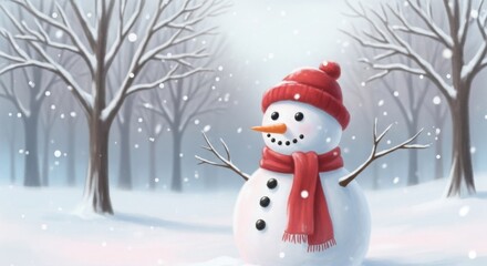 Obraz premium Snowman with red hat and scarf in a winter scene