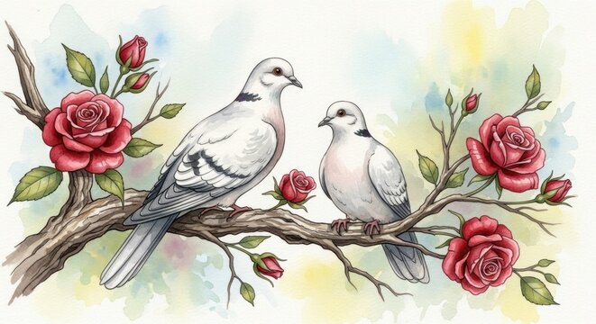 Watercolor depicts two white doves perched on a branch adorned with red roses and green leaves, set against a pastel sky