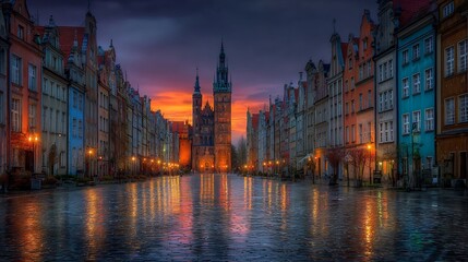 Fototapeta premium A waterway reflects the colorful buildings under a dramatic sky, creating a captivating urban scene.
