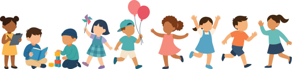 Obraz premium Cute flat vector of diverse children in preschool activities: reading, stacking blocks, pinwheel play, balloons, running, dancing, and waving; ideal for classroom posters and learning materials.