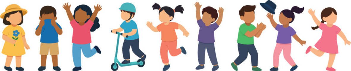Cute flat vector of diverse children playing and moving: flower gift, shushing, cheering, scooter ride with helmet, joyful jumps, hat toss, waving and dancing  ideal for preschool materials. © SUPERARTMAN