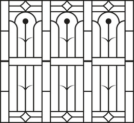 Classic wrought iron gate design with symmetrical floral and geometric elements, a seamless vector pattern for security fences. 423