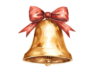 Golden Christmas bell with watercolor texture and a festive red ribbon, perfect for holiday cards and seasonal designs that evoke warmth and nostalgic cheer