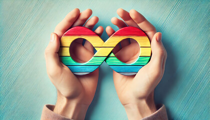 Close-up of two hands gently holding a wooden infinity symbol painted in a vibrant rainbow gradient, transitioning from red to yellow, blue, and green