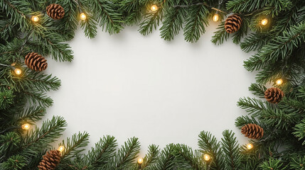 Christmas background with pine branches, cones and fairy lights on white background, festive holiday frame