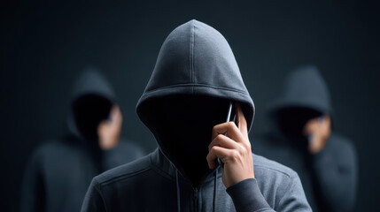 Group of scammer wearing a hoodie is talking on a cell phone, fraud and criminal concept