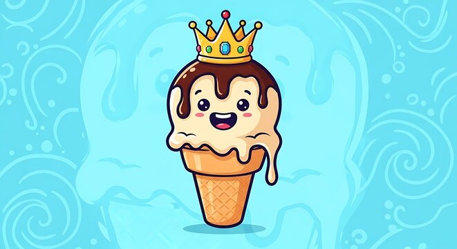 Adorable Ice Cream Cone Character with Crown and Happy Expression. - Powered by Adobe