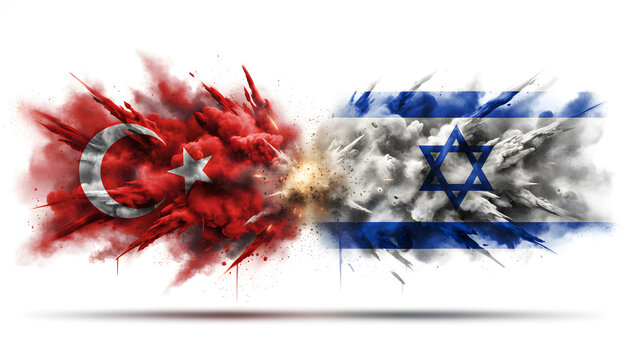 Conceptual image of the flags of Turkey and Israel colliding as an explosion of colored powder.