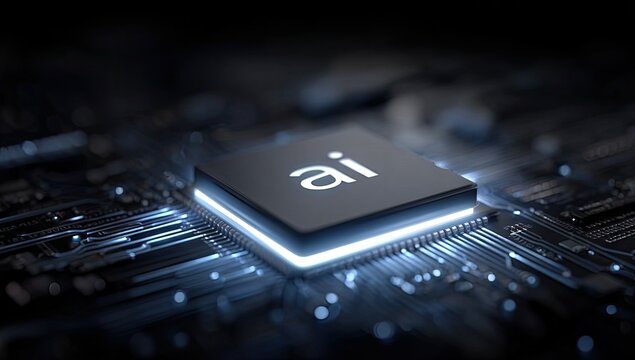 Close-up Macro View of a Black Microchip with Glowing Blue AI Symbol on Circuit Board with Blurred Background and Bokeh Effect in a Dark Setting - Powered by Adobe