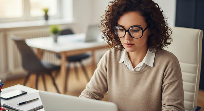 A beautiful girl wearing glasses is looking at laptop seriously. She has long brown hair and white skin. She is wearing a brown shirt. The background is blurred.