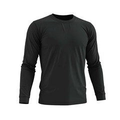 A black long-sleeved, crew neck shirt, displayed on a dark background, with soft lighting