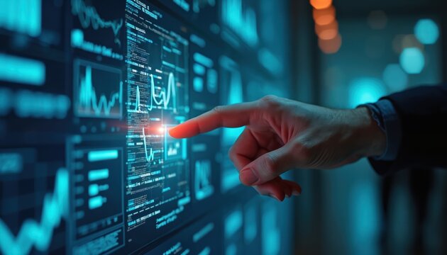Hand interacts with glowing digital display showing charts and code. Data analysis on screen. Futuristic interface. Business insights. Information technology. Financial data on monitor.