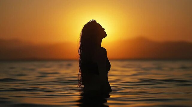 A captivating silhouette of an individual immersed in calm water, with their head tilted upwards towards a breathtaking golden sunset or sunrise. The vibrant sky casts warm orange and yellow hues acro
