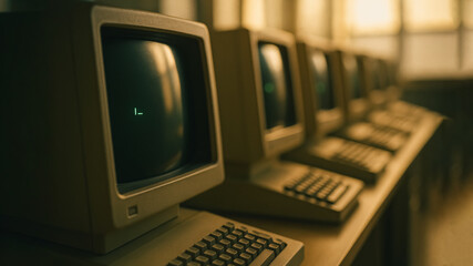A collection of vintage computers in a row. capturing the technological history, innovation and nostalgia.