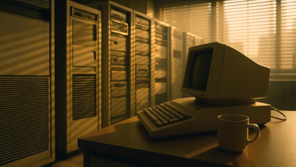 A vintage computer and server room lit by the warm light from window, evoke the era of technological progress and information processing.