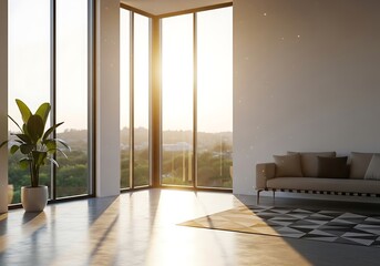 Obraz premium Modern living room bathed in sunlight with scenic outdoor view and minimalist decor
