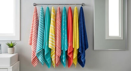 Colorful Towels Hanging on a Rack in a Bright Bathroom.