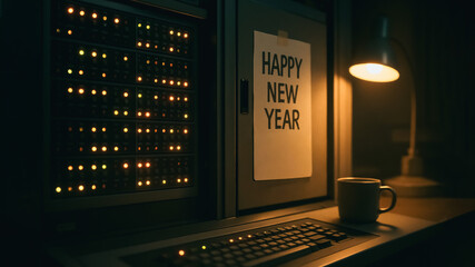 A dimly lit server room, with a HAPPY NEW YEAR note and a cup of coffee, offering a unique and atmospheric celebration theme.