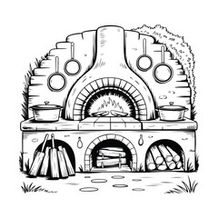 Naklejka premium Rustic Stone Oven hand drawn coloring page for kids and adults. Simple black and white line art vector for creative fun, stress relief, and mindful coloring practice. 