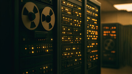 An antique computer system filled with glowing lights and mechanical components. Reflecting the evolution of technology.