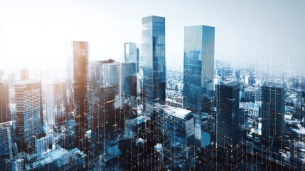 Modern cityscape with glass skyscrapers and digital grid overlay.