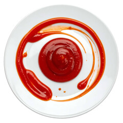A white plate, top-down view, with a swirl of red tomato-based condiment