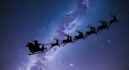 Santa Claus silhouette in sleigh with reindeer flying through starry night sky