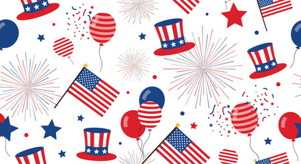 Fototapeta premium A vibrant patriotic pattern celebrating independence day with stars balloons and hats.