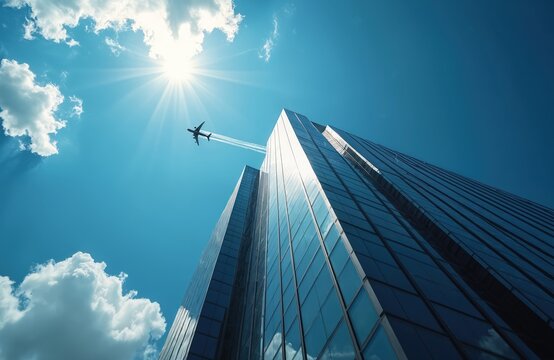 Airplane flies above tall building against blue sky. Modern architecture with glass facade. Travel and transportation concept. Business and finance in urban environment.