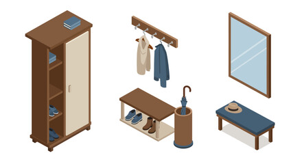 Isometric hallway furniture set: wardrobe, coat rack, bench, mirror, shoe storage, umbrella stand