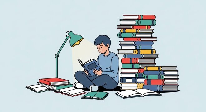 A person sits on the floor, engrossed in a book, illuminated by a lamp amidst towering stacks of books