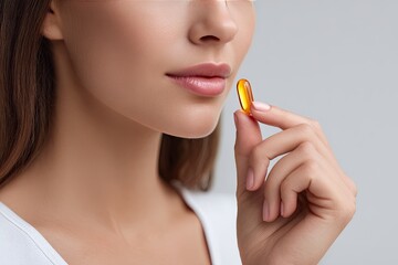 Obraz premium Close Up Of A Woman About To Swallow A Fish Oil Capsule With Her Fingers Against A Soft Gray Background With Subtle Lighting