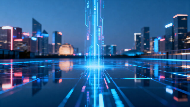 Futuristic digital cityscape with glowing circuits