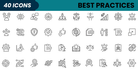 Best practices line editable icon set. Containing workflow, guidelines, performance, standards, improvement, protocols, procedures, methodology, and more. Vector illustration