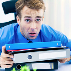Image of  young man in blue shirt tie looks surprised, holding stack of binders in office. His wide eyes and raised eyebrows suggest stress or confusion, hinting at busy overwhelming workload