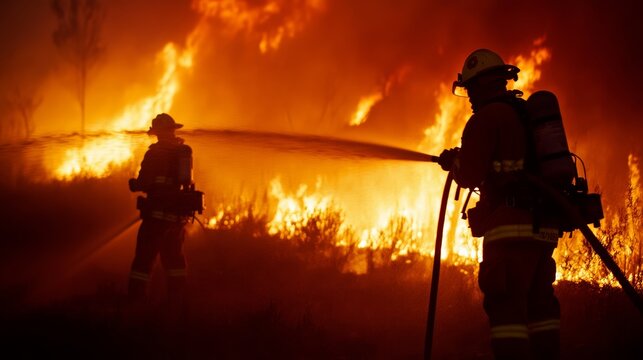 Firefighters battling wildfires in california action scene dramatic environment heroic effort firefighting concept