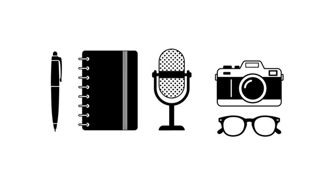 Creative tools collection: classic microphone, vintage camera, pen, and notebook silhouettes