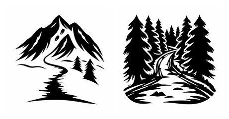 Black and white mountain and forest hiking trail graphics iconic outdoor adventure symbols