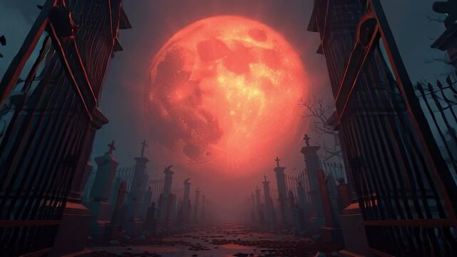 Crimson Moon over Cemetery: An ethereal, foreboding scene unfolds as a blood-red moon casts an eerie glow over a weathered cemetery.