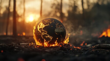 Wildfire crisis ignites global awareness forested area digital art ashen landscape close-up environmental impact