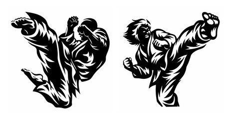 Fototapeta premium Dynamic karate action two martial artists performing powerful kicks in a dynamic stance