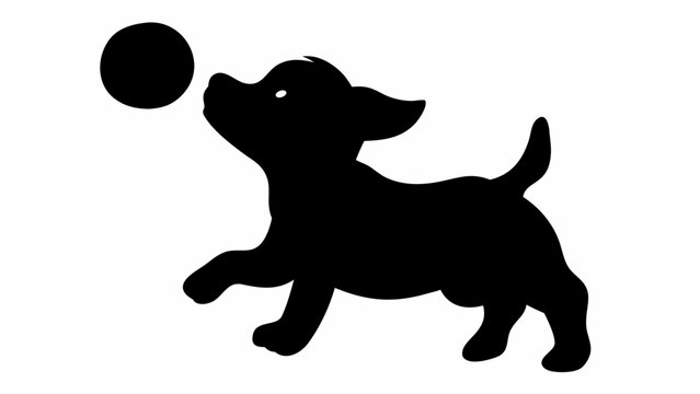Silhouette of a playful puppy reaching for a ball in mid air with white background and black color scheme present
