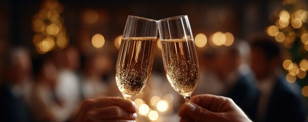 Close Up Of Two Hands Clinking Champagne Flutes Filled With Golden Bubbling Champagne Amidst Blurred Holiday Lights And Festive Atmosphere