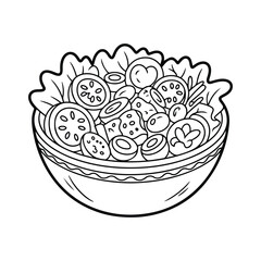 Healthy vegetable bowl black and white coloring page for adults and kids. Hand drawn line art design perfect for mindfulness, relaxation, and printable art.