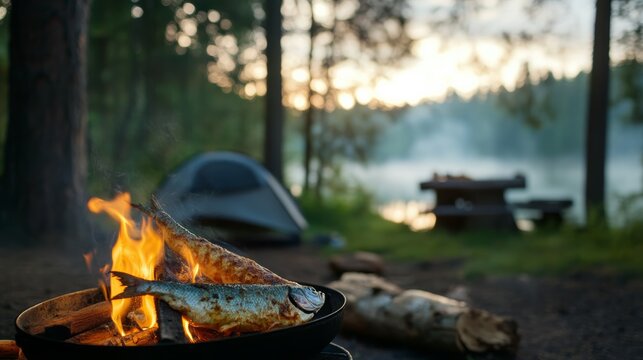 Fishing adventure in nature's embrace cooking fresh fish over campfire at serene lake outdoor experience peaceful ambiance close-up view