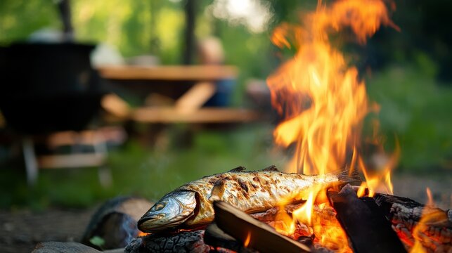Grilling fresh fish over a campfire forest setting outdoor cooking scene tranquil environment close-up view culinary adventure