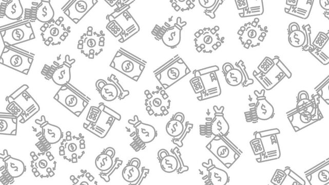 Animated seamless animated pattern of financial icons including money bags, banknotes, and security symbols. Perfect for videos about banking and fintech.
