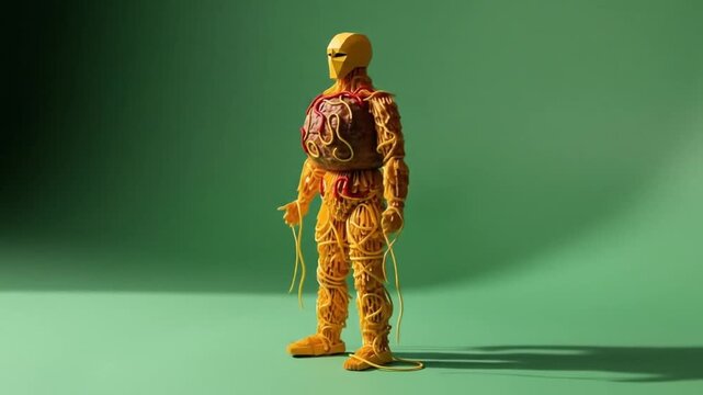 Handcrafted yellow yarn humanoid figure with red stitched torso on green backdrop.